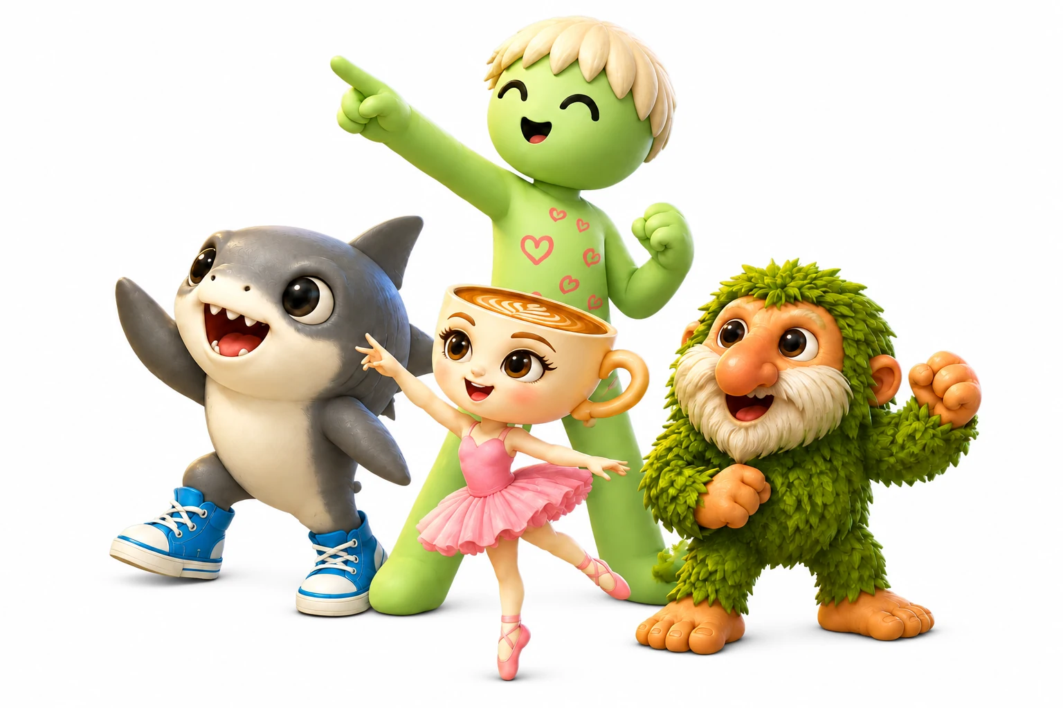 The blond player character with the shark, moss creature and cup-headed ballerina